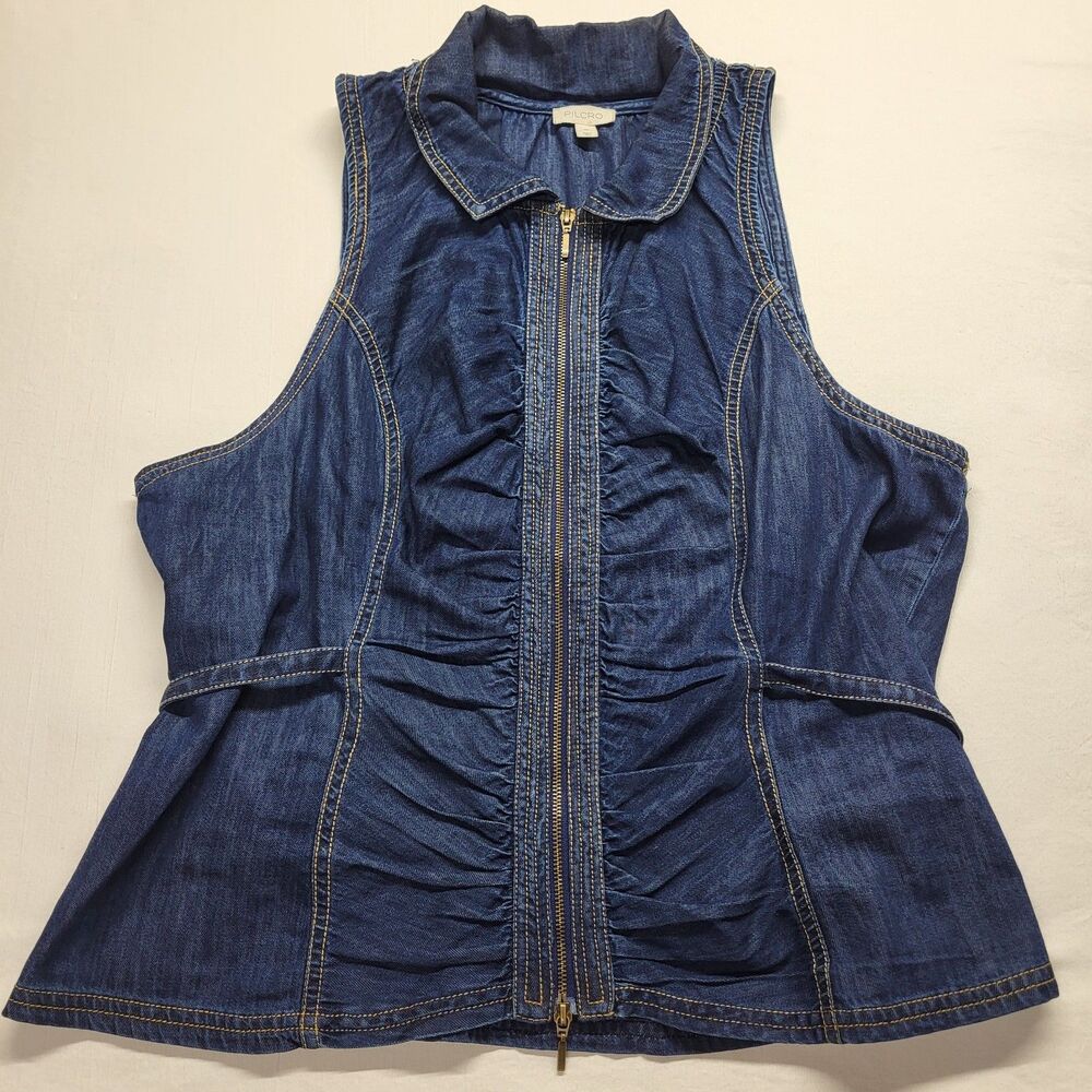 Pilcro Anthropologie Denim Blouse Sleeveless Full Zip Dark Wash XL